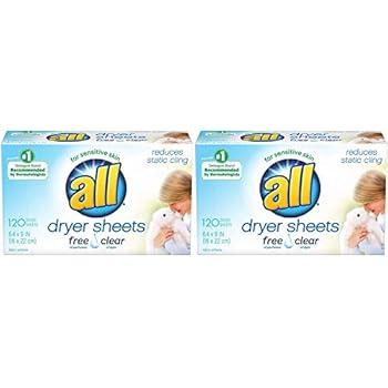 all Fabric Softener Dryer Sheets for Sensitive Skin, Free Clear, 120 Count Pack of 2
