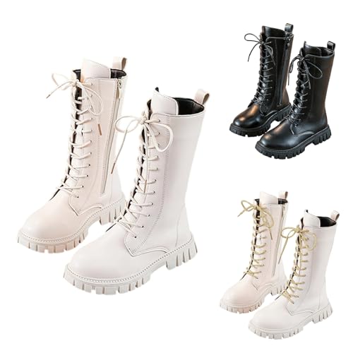 IUYTYSER Girls Knee-High Boots with Side Zippers Lace Up Riding Mid Calf Combat Boot PU Leather Chunky Lug Sole Waterproof Fall Winter Cowgirl School Shoes Punk Goth Footwear Non Slip 4-11 Years