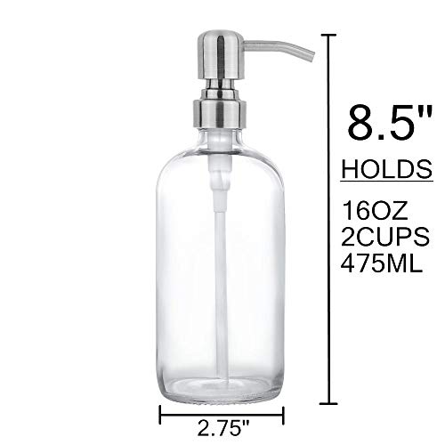 2 Pack Thick Clear Glass Pint Jar Soap Dispenser with Silver Stainless Steel Pump, 16ounce Clear Boston Round Bottles Dispenser with Rustproof Pump for Essential Oil, Lotion Soap - Thumbnail 4