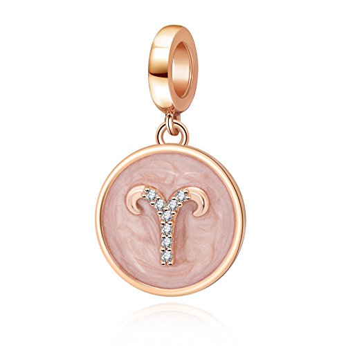 Rose Gold Zodiac Sign Charms 925 Sterling Silver Constellation Dangle Charm for European Bracelet (Aries)