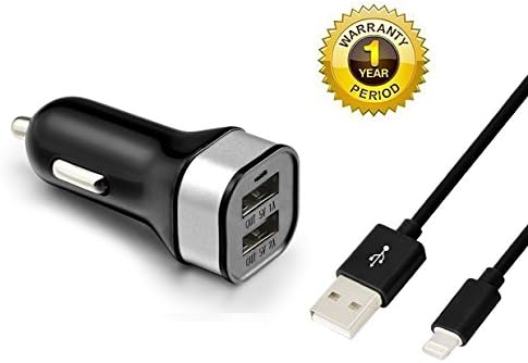 3.1A 15W Dual Port High Speed USB Car Charger with 3Feet 8 Pin Lightning to USB Sync &amp; Charging Cable Cord (Black)