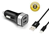 Hallein(TM) 3.1A 15W Dual Port High Speed USB Car Charger with 3ft 8 Pin Lightning to USB Sync & Charging Cable Cord (Black)