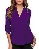 roswear Women's Casual V Neck Cuffed Sleeves Solid Chiffon Blouse Top