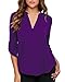 roswear Women's Casual V Neck Cuffed Sleeves Solid Chiffon Blouse Top