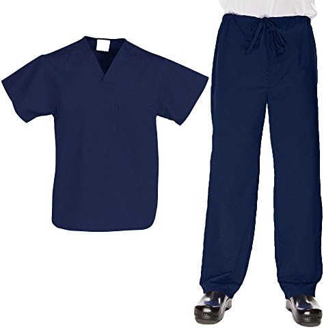 Allstar Uniforms Unisex V-Neck Top &amp; Drawstring Pant Scrub Set Medium Navy