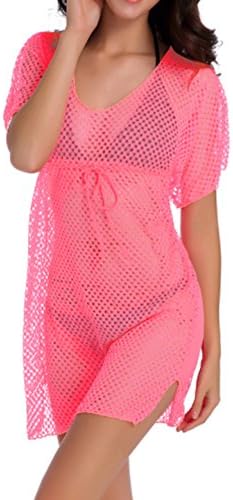 CXINS Women's Sexy Summer Beach Swimwear Crochet Lace Hollow Out Bikini Cover Up Dress Size XL Pink
