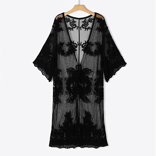MOSE Solid Lace Beach Cardigan for women, Women Lace Bohemian Beach Long Oversized Kimono Coat (Black, S)