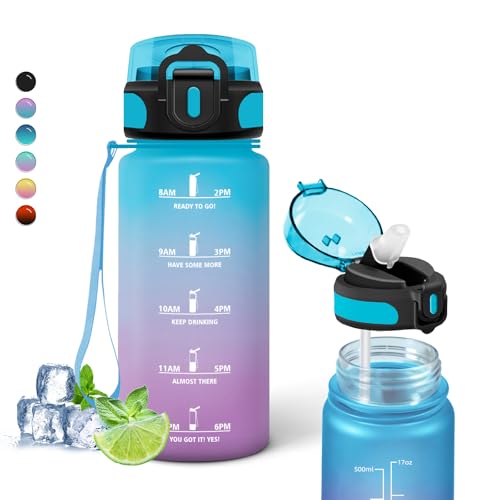 Trinkflasche Kinder, 500ml Trinkflasche, Trinkflasche mit Strohhalm, Leicht zu Reinigen, Trinkflasche mit zeitmarkierung, Auslaufsicher, Wasserflasche für Schule, Reisen, Camping, Running, Blau-Lila