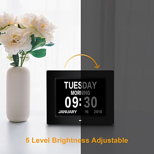 AmoVee Day Clock Calendar Day Digital Alarm Clock with Extra Large Non-Abbreviated Display for Elderly, Vision Impaired, Dementia, Memory Loss, Black
