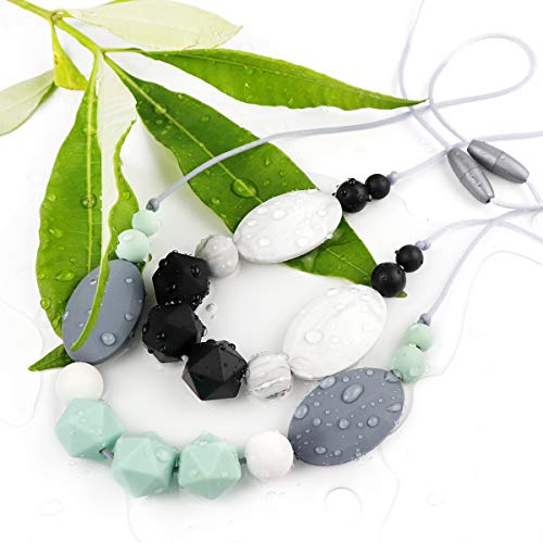TUXEPOC Nursing Necklace for mom to wear Silicone Feeding teether Safe chew Beads for Babies Necklace bpa Teething Baby Calm Necklace (Black and White)