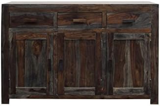 Collective Design Transitional 3-Door and 3-Drawer Solid Shesham Wood Grey/Natural Brown Finish Sideboard, Grey & Natural