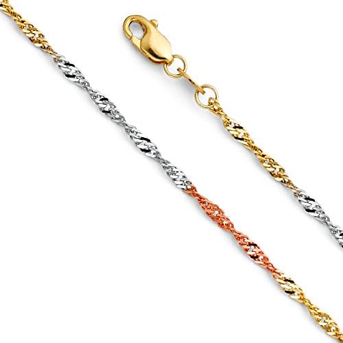 14k Tri Color Gold SOLID 1.5mm Singapore Chain Necklace with Lobster Claw Clasp - 20"