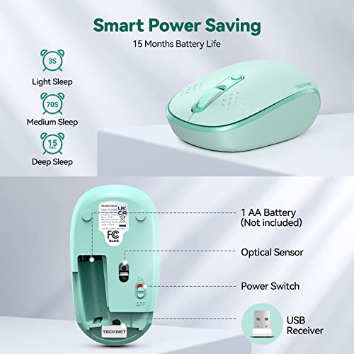 TECKNET Wireless Mouse, 2.4G Quiet Computer Mouse with USB Receiver, 4 Buttons Portable Cordless Mice for Chromebook, Laptop, PC, Mac, 800/1200/1600 DPI