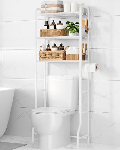 Photo 1 of WiseBegan Over Toilet Storage Rack - Metal Over Toilet Bathroom Organizer Shelf, Over The Toilet Storage Cabinet with Paper Holder and Hooks, Bathroom Cabinet for Laundry, White, 3 Tiers (63.2" H)