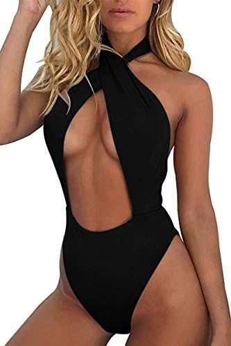 MERCHAM Womens Halter Cutout Open Back Push Up One Piece Bathing Suit Swimsuit Beachwear Black L