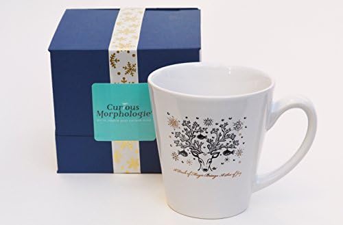 Curious Morphologie 12 Fl Oz "Coral Deer" Ceramic Fine Art Mug (Collectible)- A message of JOY &amp; MAGICAL with reindeer, coral, fish and snowflake elements