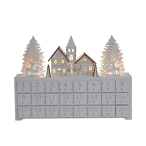 PE Weihnachten Adventskalender zum Befüllen Holz mit LED Winterwald Szene-24 Schubladen Weihnachtskalender mit Silber Rentier Dekorative & Funktionale Aufbewahrung von Weihnachtsgeschenken