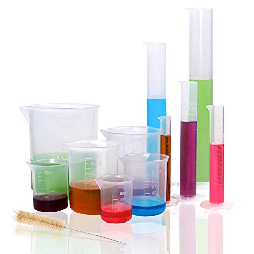 DEPEPE 5pcs Clear Plastic Graduated Cylinders with 6pcs Plastic Beakers and 1 Test Tube Brushes