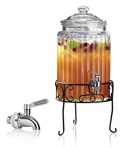 Glass Beverage Drink Dispenser - Elegant Ribbed Design on Metal Base Stand - 1.5 Gallon Capacity - Stainless Steel Leak Free Spigot Included - Home Bar & Party Glass Jug Centerpiece