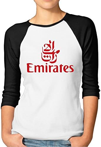 Women Fly Emirates Airline Logo Contrast Slim Fit 3/4 Raglan Sleeve Shirt White