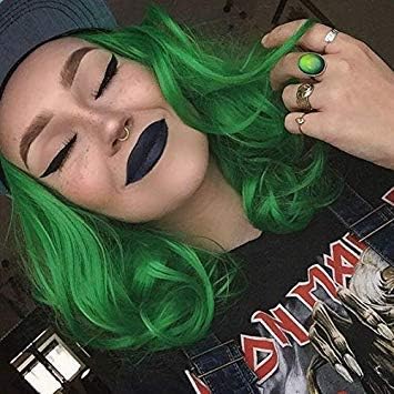 IMSTYLE Bright Green Lace Front Wigs Medium Curly Synthetic Fiber Wig Natural Hairline High Density Heat Resistant For Drag Queen Halloween Cosplay