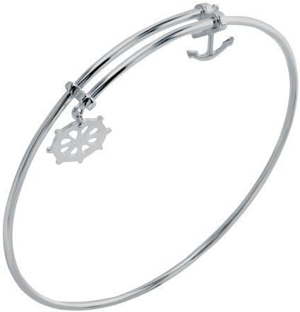 Sterling Silver Adjustable Bangle Bracelet with Anchor Steering Wheel Charms Expandable Wire Bangle Beach Jewelry Bracelet Summer Time Nautical Theme