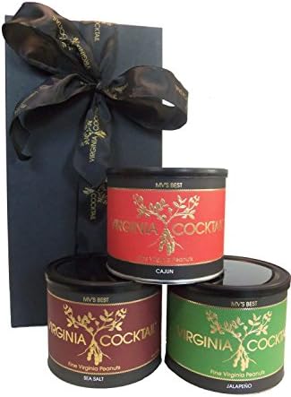 Gourmet Fine Virginia Cocktail Peanuts Gift Box - 3 Pack of 10 Ounce Tins (Cajun, Jalapeno, and Sea Salt)