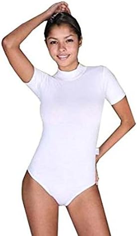 Elegance123 Ladies Bodysuits Stretch Turtle Neck Short Sleeve (L, White)