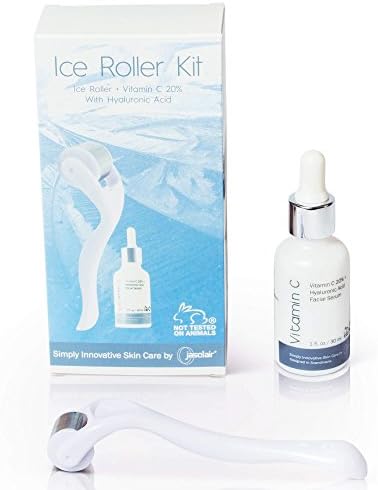 Ice Roller Kit with Face Serum – Cold Skin Therapy Set Includes Facial Massager + Vitamin C with Hyaluronic Acid - Softens Look of Puffy Eyes, Lines, Wrinkles &amp; Helps Firm &amp; Tighten Look + FREE E-Book