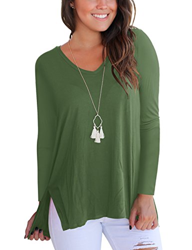 Womens Tops and Blouses V Neck T Shirts for Women Long Sleeve Tee Shirt Army Green S