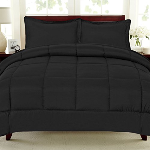 Sweet Home Collection 3Piece Reversible Polyester Microfiber Goose Down Alternative Comforter Set with pillow Shams, Full/Queen, Black