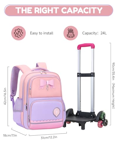 Amythe School Bag for Girls Primary 6-10 Years Old School Backpack Kawaii Lightweight Water Repellent with Reflective Strips, 6 Wheels Trolley for CP CE1 CE2 CM1 CM2, purple, Daypack Backpacks | Sac à Dos École Kawaii Léger Déperlant pour Enfants 6 à 10 ans, 6 Roues Trolley pour CP CE1 CE2 CM1 CM2 - Rentrée / Voyages