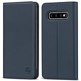 SHIELDON Galaxy S10+ Plus Case, Genuine Leather Galaxy Wallet Case Folio Cover Kickstand with Credit Card Slots Full Protection Magnetic Case Compatible with Galaxy S10 Plus (6.4 Inch) - Dark Blue