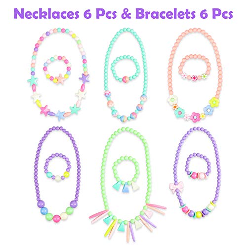 WATINC 62Pcs Candy Princess Jewelry Beaded Necklace Beads Bracelet Macaron Ice-Cream Color Chunky Bubblegum Toy Ring Crystal Earring Pastel Flower Pretend Play Dress Up Accessories for Little Girls