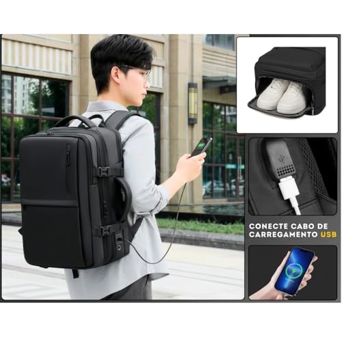 Mochila de Viagem Notebook Expansível Grande, Mochila Avião, Executiva, Antifurto, Reforçada, USB, Impermeável, Viagem a Trabalho, Escolar