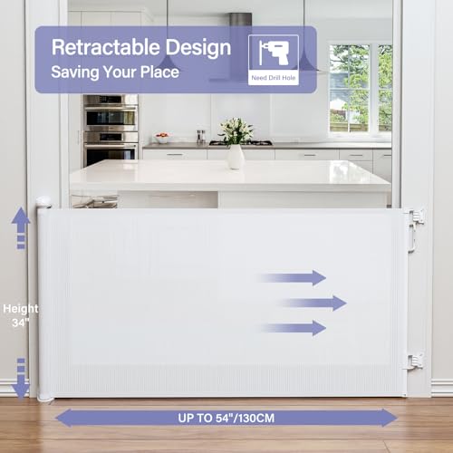 PRObebi Retractable Dog Gate for the House Extends to 54" Wide 34" Tall, Gates for Baby Indoor, Stair Gate for Outdoor, Staris, Hallways, Doorways, Deck, Porch, Need Drilling