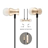 Headphones In-Ear Earbuds Earphones, Acode 3.5mm Metal Housing Magnetic Best Wired Bass Stereo Headset Built-in Mic/Hands-free/Volume Control+Carrying Case+3 Pair EarBuds (S/M/L) (Gold)