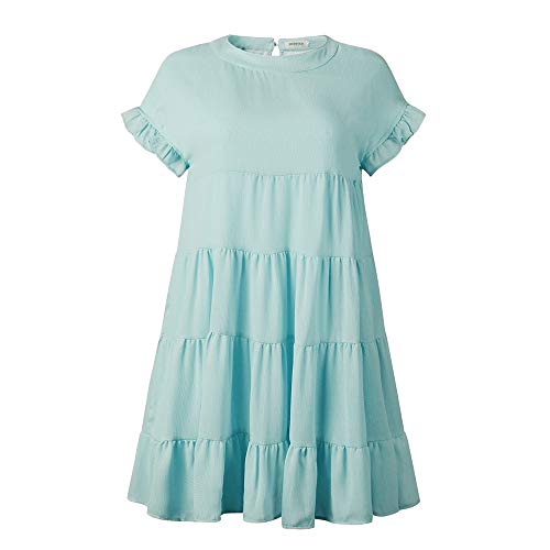 Joteisy Women's O Neck Ruffle Short Sleeve Tiered Casual Mini Dress (L, Light Blue)