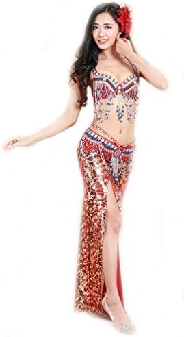 OMYFAIRY Belly Dance Sequin Beaded Bra Top and Hip Belt (34B, Red)