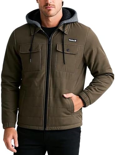 Hurley Mens Puffer Jacket - Quilted Nylon to Plaid Fleece Lined