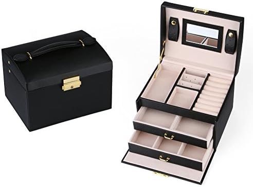 NEOTEND Black Leather Jewelry Box Storage Organizer Case with Mirror and Lock