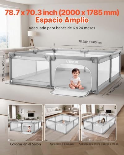 Parque infantil, ideal para crianças pequenas, para interior e exterior, com 50 bolas oceanicas, porta com fecho éclair e malha respirável, forma retangular, cinzento, 2060 x 1840 x 650 mm