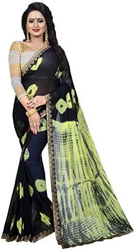 ETHNICMODE USA Pakistani Shiffon Bandhani and lehariya Style Saree with Blouse Piece Jaquard Lemon