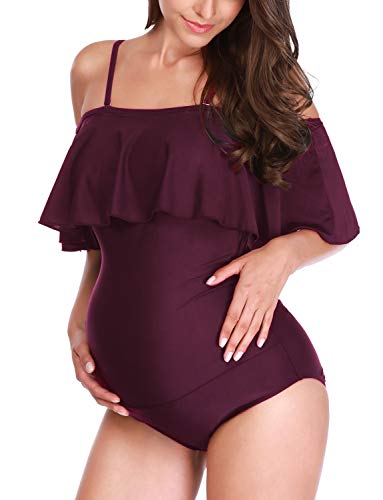 GINKANA Maternity Bikinis Tankini Flouncing One Piece Swimsuit Pregnancy Beachwear Summer Bathing Suits Burgundy