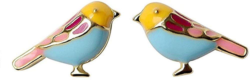 Cute Bird Stud Earrings for Women Girls 925 Sterling Silver Gold Plated Tiny Small Animal Pet Enameled Blue Yellow Pink Feather Birds Tragus Post Nickel Free Piercing Ear Jewelry Dainty Gift