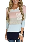 Womens Crew Neck 3/4 Sleeve Striped Pattern Casual Shirts Patchwork Tunic Tops With Lace Pockets (L=US 12-14, Pink)