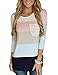 Womens Crew Neck 3/4 Sleeve Striped Pattern Casual Shirts Patchwork Tunic Tops With Lace Pockets (L=US 12-14, Pink)