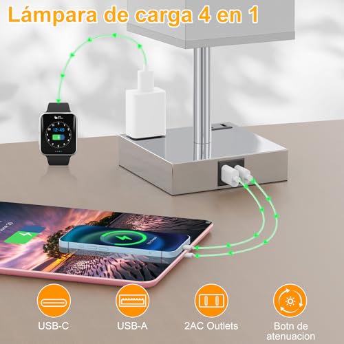 Sunsign Lámparas de Mesa táctil para 2 piezas, 3 Niveles de Brillo, lampara de noche con 2 Puertos USB (A+C) y 2 Salidas de CA, Lámpara de Lectura para habitación (bombilla incluida, Gris)