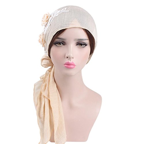 Sunfei Women India Muslim Stretch Retro Floral Cotton Turban Hat Head Scarf Wrap Cap (Beige) - Thumbnail 4