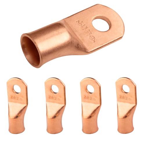 SELTERM 4/0 AWG (95 mm²) - 3/8" (M10) ⌀ Hole UL Heavy Duty Wire Lugs, Battery Cable Ends, Bare Copper Eyelets, Tubular Ring Terminal Connectors [B93] - 5 Pack